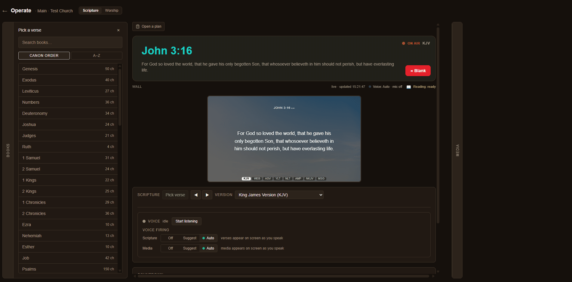 The VerseFlame operator console in Scripture mode — a verse picker on the left, John 3:16 live on the wall preview, and the voice posture controls
