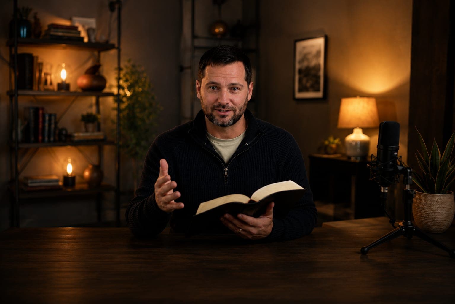 A teacher with an open Bible in a home studio, livestreamed with the verse overlaid